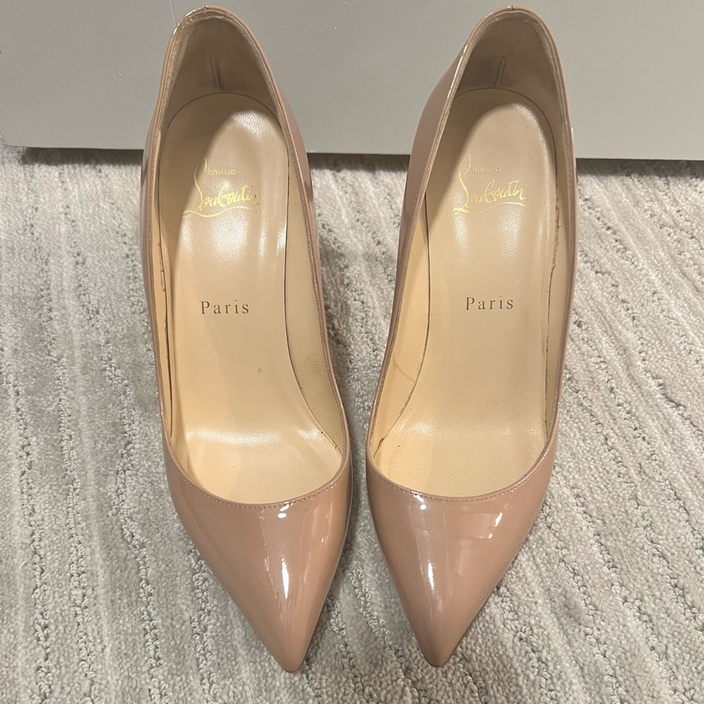SOLD Christian Louboutin Pigalle Follies 85mm Patent Red Sole Pumps Nude